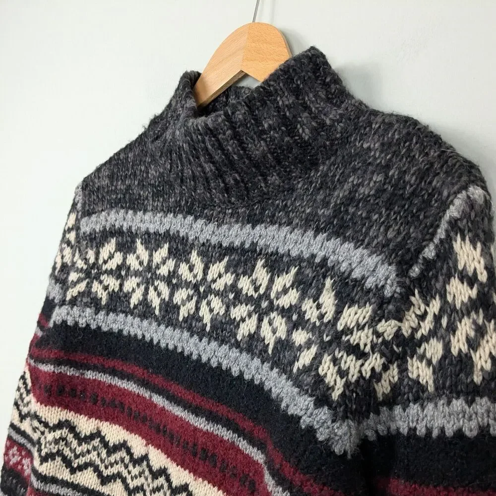 Vintage Sweater 90s Turtuleneck Chunky Stripe Snowflake Wool Isle Red Gray S